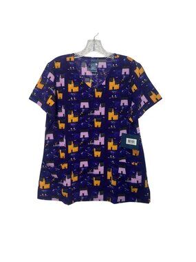 Zoe + Chloe Halloween Scrub Top Medium Purple New Haunted Houses Bats Medical